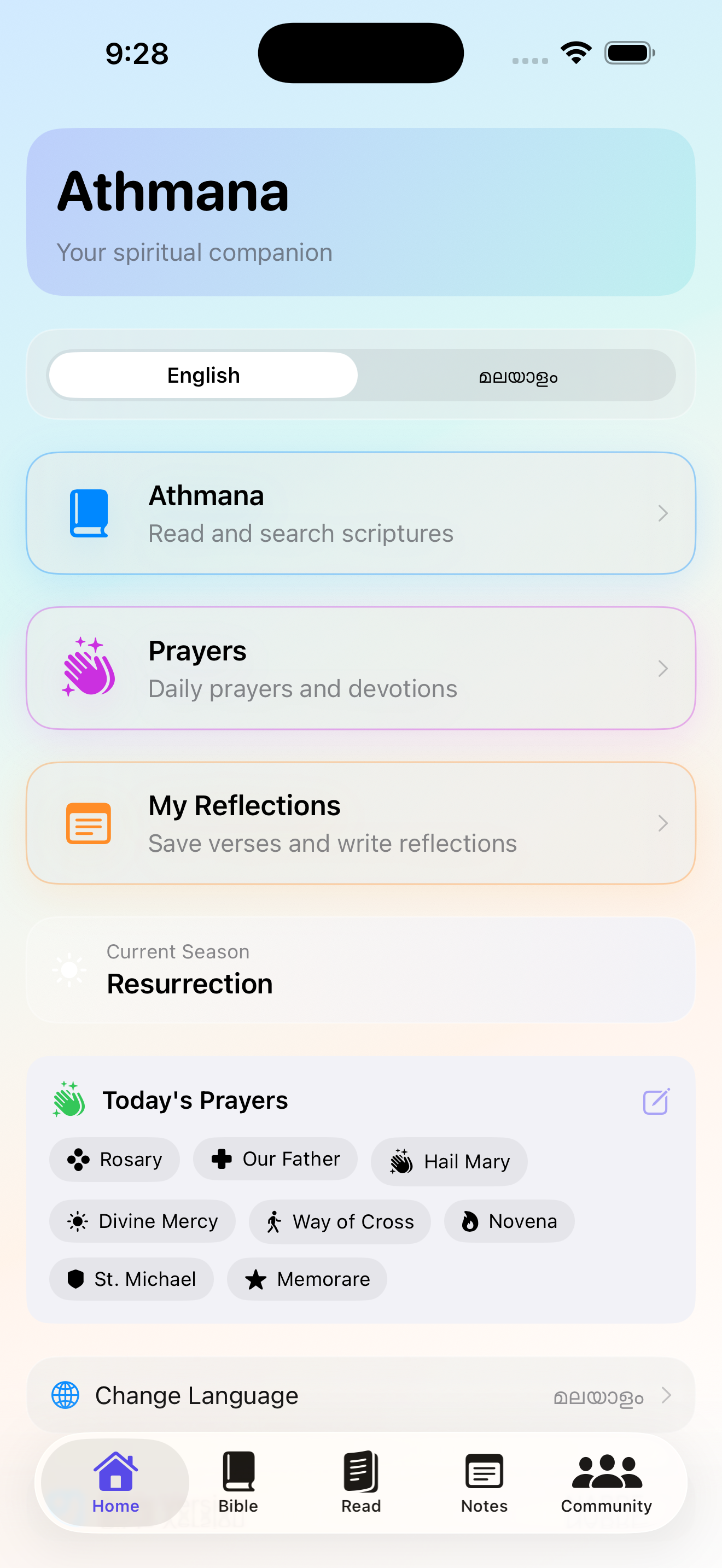 Athmana home screen on iPhone showing five tabs: Home, Bible, Read, Notes, Community